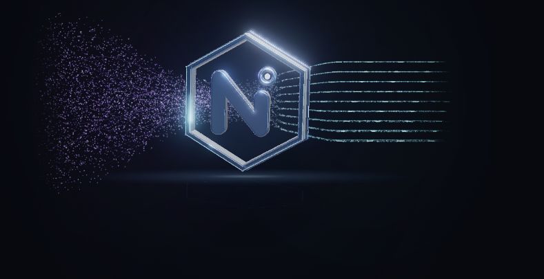 A sculpted Novexis N in a glass hexagon, transforming violet particles into orderly cyan streams